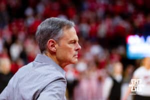 Nebraska Cornhusker head coach John Cook watching warm ups before taking on the Michigan Wolverines during the volleyball match on Friday, November 17, 2023, in Lincoln, Nebraska. Photo by John S. Peterson.