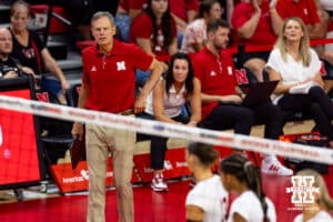 Nebraska Cornhusker head coach John Cook calls for a review during the Red/White Volleyball Game Saturday, August 24, 2024, in Lincoln, Nebraska. Photo John S. Peterson.