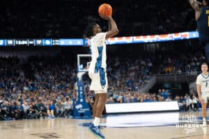 Creighton Bluejays Jamiya Neal attempts a three pointer during a college basketball game against Marquette on February 8th, 2025 in Omaha, Nebraska. Photo by Brandon Tiedemann.