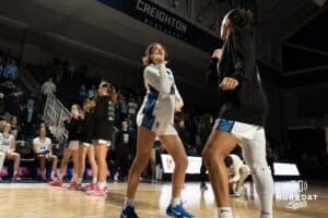 Creighton Bluejays Kiani Lockett dances before a college basketball game against Seton Hall on February 5th, 2025 in Omaha Nebraska. Photo by Brandon Tiedemann.