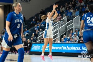 Creighton Bluejays Brooke Littrell shoots a three during a college basketball game against Seton Hall on February 5th, 2025 in Omaha Nebraska. Photo by Brandon Tiedemann.