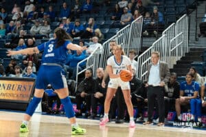 Creighton Bluejays Mallory Brake looks to pass during a college basketball game against Seton Hall on February 5th, 2025 in Omaha Nebraska. Photo by Brandon Tiedemann.