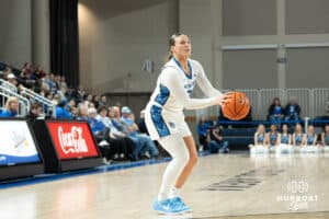 Creighton Bluejays Molly Mogensen looks to shoot during a college basketball game against Seton Hall on February 5th, 2025 in Omaha Nebraska. Photo by Brandon Tiedemann.