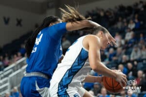 Creighton Bluejays Kennedy Townsend gets the rebound during a college basketball game against Seton Hall on February 5th, 2025 in Omaha Nebraska. Photo by Brandon Tiedemann.