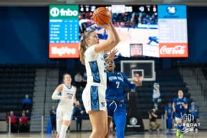 Creighton Bluejays Brooke Littrell attempts a pull up jumpshot during a college basketball game against Seton Hall on February 5th, 2025 in Omaha Nebraska. Photo by Brandon Tiedemann.