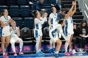 Creighton Bluejays bench celebrates during a college basketball game against Seton Hall on February 5th, 2025 in Omaha Nebraska. Photo by Brandon Tiedemann.