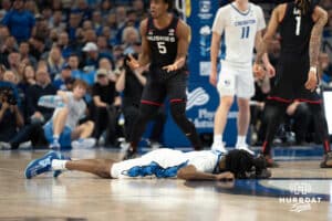 Creighton Bluejays Jamiya Neal after being fouled during a college basketball game against UCONN on February 11th, 2025 in Omaha Nebraska. Photo by Brandon Tiedemann.