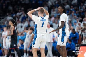 Creighton Bluejays Steven Ashworth upset during a college basketball game against UCONN on February 11th, 2025 in Omaha Nebraska. Photo by Brandon Tiedemann.