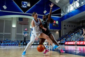 Creighton Bluejay Morgan Maly drbbling on the inside to get to the rim during a basketball game against the Providence Friars at Sokol Arena on Sunday, February 02, 2025, in Omaha, Nebraska. Photo by Collin Stilen.