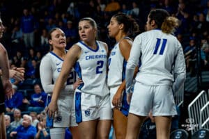 Creighton Bluejays get together after a tough made point and talk it out during a basketball game against the Providence Friars at Sokol Arena on Sunday, February 02, 2025, in Omaha, Nebraska. Photo by Collin Stilen.