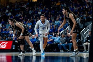 Creighton Bluejay Molly Mogensen ready to rebound during a basketball game against the Providence Friars at Sokol Arena on Sunday, February 02, 2025, in Omaha, Nebraska. Photo by Collin Stilen.