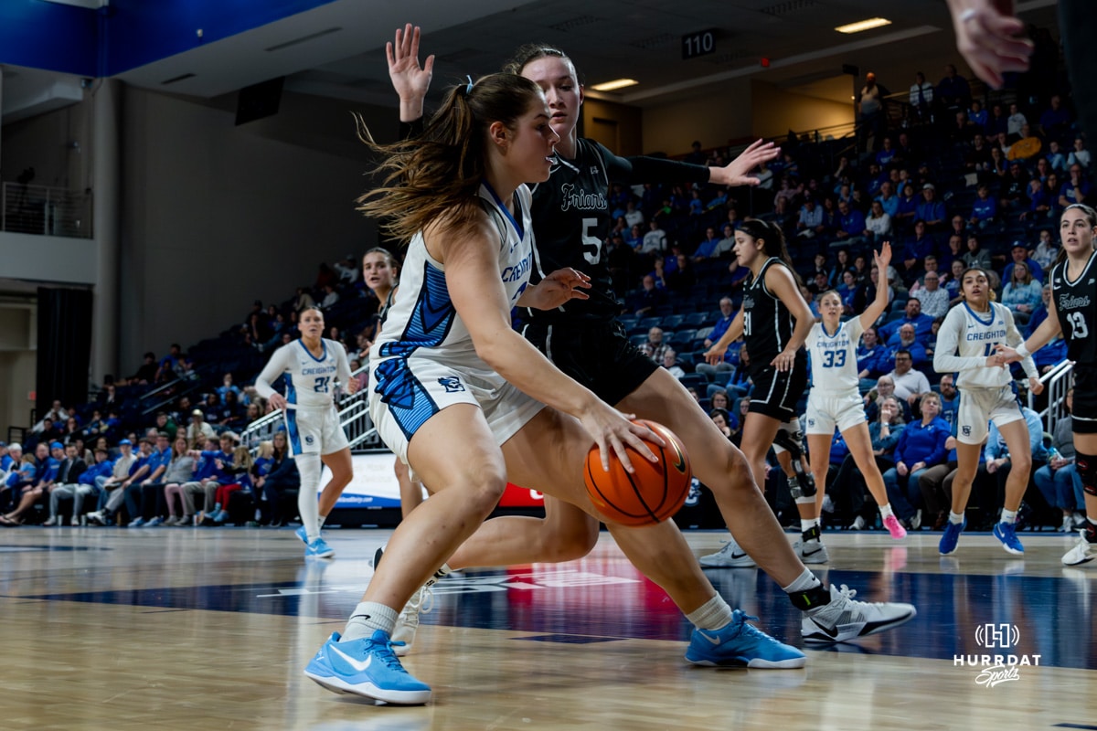 Creighton Bluejay Kennedy Townsend drives to the bucket during a basketball game against the Providence Friars at Sokol Arena on Sunday, February 02, 2025, in Omaha, Nebraska. Photo by Collin Stilen.