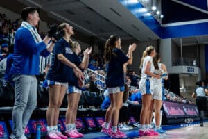 Creighton Bluejays clap and cheer on the team against the Providence Friars during a basketball game at Sokol Arena on Sunday, February 02, 2025, in Omaha, Nebraska. Photo by Collin Stilen.