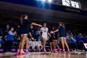 Creighton Bluejay Mallory Brake with the lineup during a basketball game against the Providence Friars at Sokol Arena on Sunday, February 02, 2025, in Omaha, Nebraska. Photo by Collin Stilen.