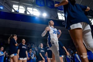 Creighton Bluejay Morgan Maly posing a pregame celebration during a basketball game at Sokol Arena on Sunday, February 02, 2025, in Omaha, Nebraska. Photo by Collin Stilen.