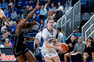 Creighton Bluejay Lauren Jensen looking for the basket during a basketball game against the Providence Friars at Sokol Arena on Sunday, February 02, 2025, in Omaha, Nebraska. Photo by Collin Stilen.