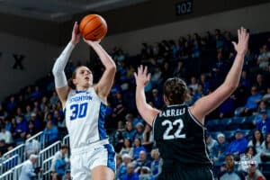 Creighton Bluejay Morgan Maly looks to shoot a jumpshot during a basketball game against Providence Friars at Sokol Arena on Sunday, February 02, 2025, in Omaha, Nebraska. Photo by Collin Stilen.