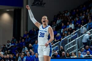 Creighton Bluejay Morgan Maly celebrates her baskset during a basketball game against Providence Friars at Sokol Arena on Sunday, February 02, 2025, in Omaha, Nebraska. Photo by Collin Stilen.