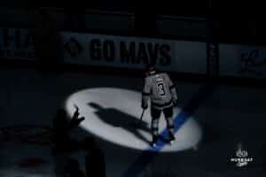 Omaha Maverick Sam Stange in the starting lineup during a hockey match at Baxter Arena on Saturday, February 2, 2025, in Omaha, Nebraska. Photo by Collin Stilen.