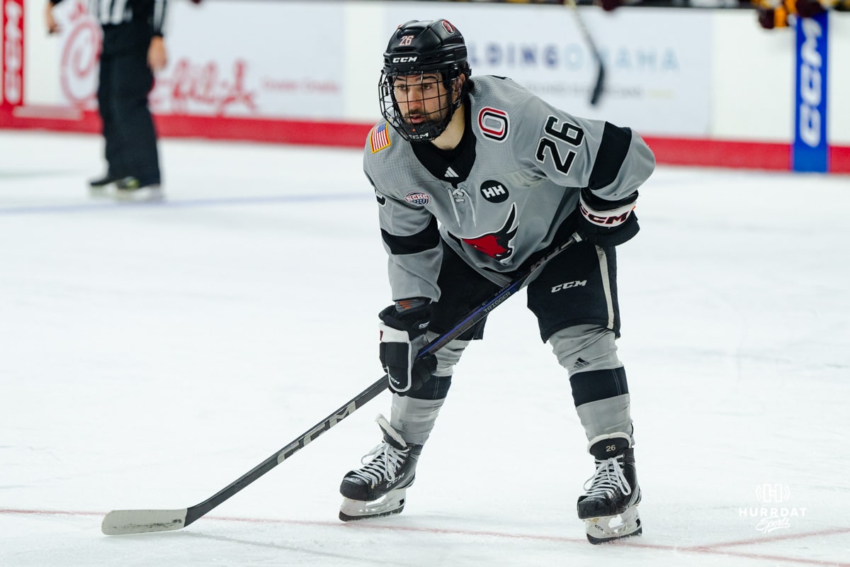 Omaha Maverick Brock Bremer at the ready, watching a faceoff during a hockey match at Baxter Arena on Saturday, February 2, 2025, in Omaha, Nebraska. Photo by Collin Stilen.