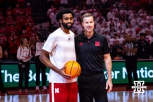 Nebraska Cornhusker guard Brice Williams (3) awarded a game ball for 1000 points with the Huskers during a men’s college basketball game Saturday, March 1, 2025 in Lincoln, Nebraska. Photo by John S. Peterson.