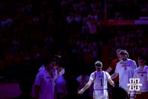 Nebraska Cornhusker guard Sam Hoiberg (1) introduced before taking on the Minnesota Golden Gophers during a men’s college basketball game Saturday, March 1, 2025 in Lincoln, Nebraska. Photo by John S. Peterson.