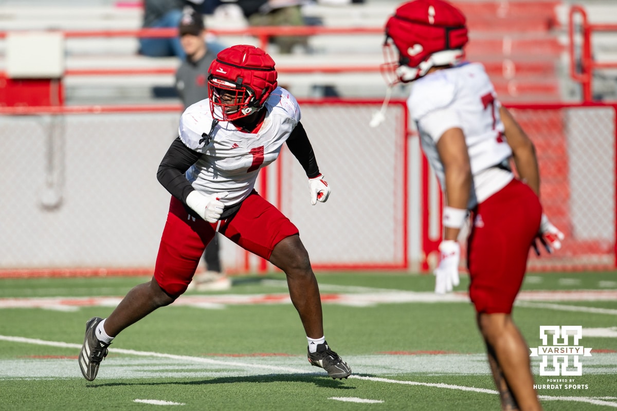 Vincent Shavers (1) running a drill during Nebraska football practice Thursday, March 27, 2025 in Lincoln, Nebraska. Photo by John S. Peterson.
