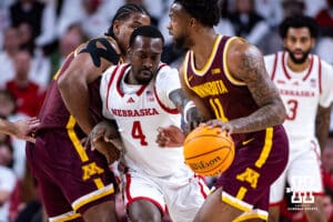 Nebraska Cornhusker forward Juwan Gary (4) guarding Minnesota Golden Gopher guard Femi Odukale (11) in the first half during a men’s college basketball game Saturday, March 1, 2025 in Lincoln, Nebraska. Photo by John S. Peterson.