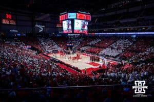 Nebraska Cornhuskers fans wear red and white t-shirts for a Red/White theme against the Minnesota Golden Gophers during a men’s college basketball game Saturday, March 1, 2025 in Lincoln, Nebraska. Photo by John S. Peterson.