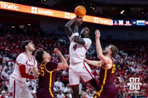 Nebraska Cornhusker forward Juwan Gary (4) puts up a shot against the Minnesota Golden Gophers in the first half during a men’s college basketball game Saturday, March 1, 2025 in Lincoln, Nebraska. Photo by John S. Peterson.