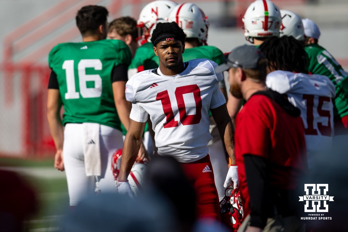 Defensive back Andrew Marshall (10) inbetween drills during Nebraska football practice Thursday, March 27, 2025 in Lincoln, Nebraska. Photo by John S. Peterson.