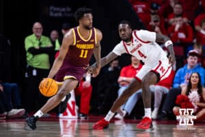 Nebraska Cornhusker forward Juwan Gary (4) guards Minnesota Golden Gopher guard Femi Odukale (11) in the first half during a men’s college basketball game Saturday, March 1, 2025 in Lincoln, Nebraska. Photo by John S. Peterson.