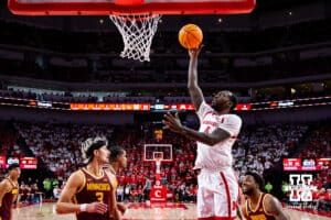 Nebraska Cornhusker forward Juwan Gary (4) makes a layup against the Minnesota Golden Gophers in the second half during a men’s college basketball game Saturday, March 1, 2025 in Lincoln, Nebraska. Photo by John S. Peterson.