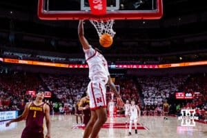 Nebraska Cornhusker guard Brice Williams (3) makes a dunk against the Minnesota Golden Gophers in the second half during a men’s college basketball game Saturday, March 1, 2025 in Lincoln, Nebraska. Photo by John S. Peterson.