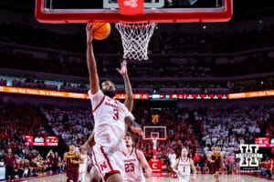 Nebraska Cornhusker guard Brice Williams (3) makes lay up against the Minnesota Golden Gophers in the second half during a men’s college basketball game Saturday, March 1, 2025 in Lincoln, Nebraska. Photo by John S. Peterson.