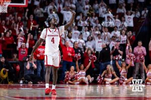 Nebraska Cornhusker forward Juwan Gary (4) celebrates a three-point shot against the Minnesota Golden Gophers in the second half during a men’s college basketball game Saturday, March 1, 2025 in Lincoln, Nebraska. Photo by John S. Peterson.