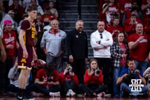 Nebraska Cornhuskers head football coach Matt Rhule was in attendance enjoying the game against the Minnesota Golden Gophers during a men’s college basketball game Saturday, March 1, 2025 in Lincoln, Nebraska. Photo by John S. Peterson.