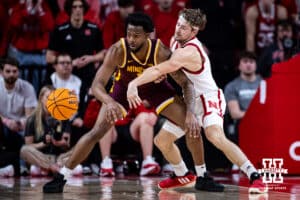 Nebraska Cornhusker guard Sam Hoiberg (1) steals the ball away against Minnesota Golden Gopher guard Isaac Asuma (1) in the second half during a men’s college basketball game Saturday, March 1, 2025 in Lincoln, Nebraska. Photo by John S. Peterson.