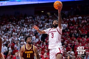 Nebraska Cornhusker guard Brice Williams (3) makes a lay up against Minnesota Golden Gopher guard Femi Odukale (11) in the second half during a men’s college basketball game Saturday, March 1, 2025 in Lincoln, Nebraska. Photo by John S. Peterson.