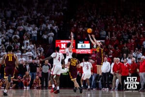 Minnesota Golden Gopher guard Brennan Rigsby (24) makes a three-point shot to scure the lead against the Nebraska Cornhuskers with 6 seconds left in the game during a men’s college basketball game Saturday, March 1, 2025 in Lincoln, Nebraska. Photo by John S. Peterson.