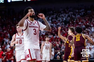 Nebraska Cornhusker guard Brice Williams (3) reacts to the loss to Minnesota Golden Gophers during a men’s college basketball game Saturday, March 1, 2025 in Lincoln, Nebraska. Photo by John S. Peterson.