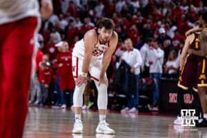 Nebraska Cornhusker forward Andrew Morgan (23) reacts to the loss to the Minnesota Golden Gophers during a men’s college basketball game Saturday, March 1, 2025 in Lincoln, Nebraska. Photo by John S. Peterson.