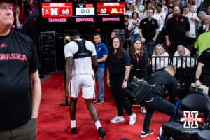 Nebraska Cornhusker forward Juwan Gary (4) heads to the locker room after the game against the Minnesota Golden Gophers during a men’s college basketball game Saturday, March 1, 2025 in Lincoln, Nebraska. Photo by John S. Peterson.