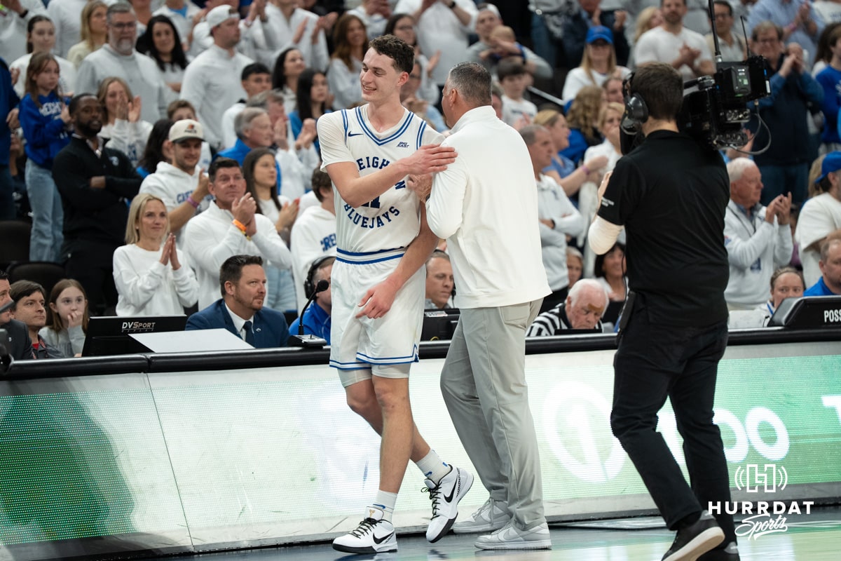 Creighton Bluejays Ryan Kalkbrenner laughs as he checks out during a college basketball game against Butler on March 8th, 2025 in Omaha Nebraska. Photo by Brandon Tiedemann.