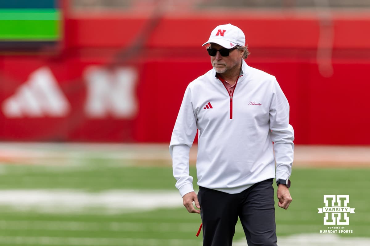 Nebraska offensive coordinator Dana Holgorsen watching the action on the field during Husker games Saturday, April 26, 2025 in Lincoln, Nebraska. Photo by John S. Peterson.