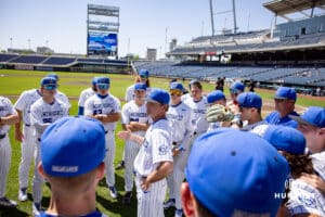 Creighton Bluejays head coach Ed Servais talks to the players before taking on the Xavier Musketeers during a college baseball game on Sunday, May 11, 2025 in Omaha, Nebraska. Photo by John S. Peterson.