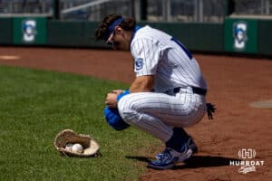 Creighton Bluejay first baseman Will MacLean (17) taking a moment for a prayer before taking on the Xavier Musketeers during a college baseball game on Sunday, May 11, 2025 in Omaha, Nebraska. Photo by John S. Peterson.