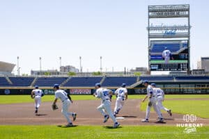 Creighton Bluejays take the field against the Xavier Musketeers during a college baseball game on Sunday, May 11, 2025 in Omaha, Nebraska. Photo by John S. Peterson.