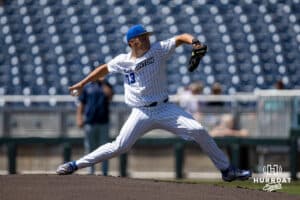 Creighton Bluejay pitcher Wilson Magers (33) throws a pitch against the Xavier Musketeers in the first inning during a college baseball game on Sunday, May 11, 2025 in Omaha, Nebraska. Photo by John S. Peterson.