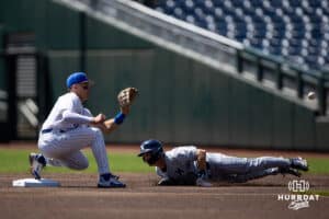 Xavier Musketeer infielder Jake Lambdin (40) steals second base against Creighton Bluejay infielder Ben North (11) in the first inning during a college baseball game on Sunday, May 11, 2025 in Omaha, Nebraska. Photo by John S. Peterson.